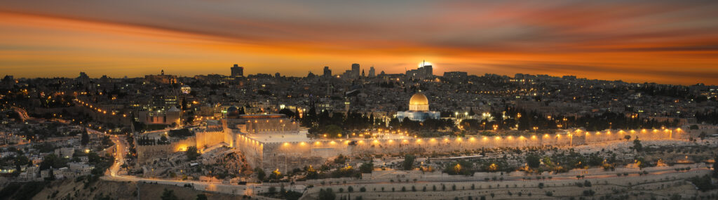 View to Jerusalem old city at sunset. Israel