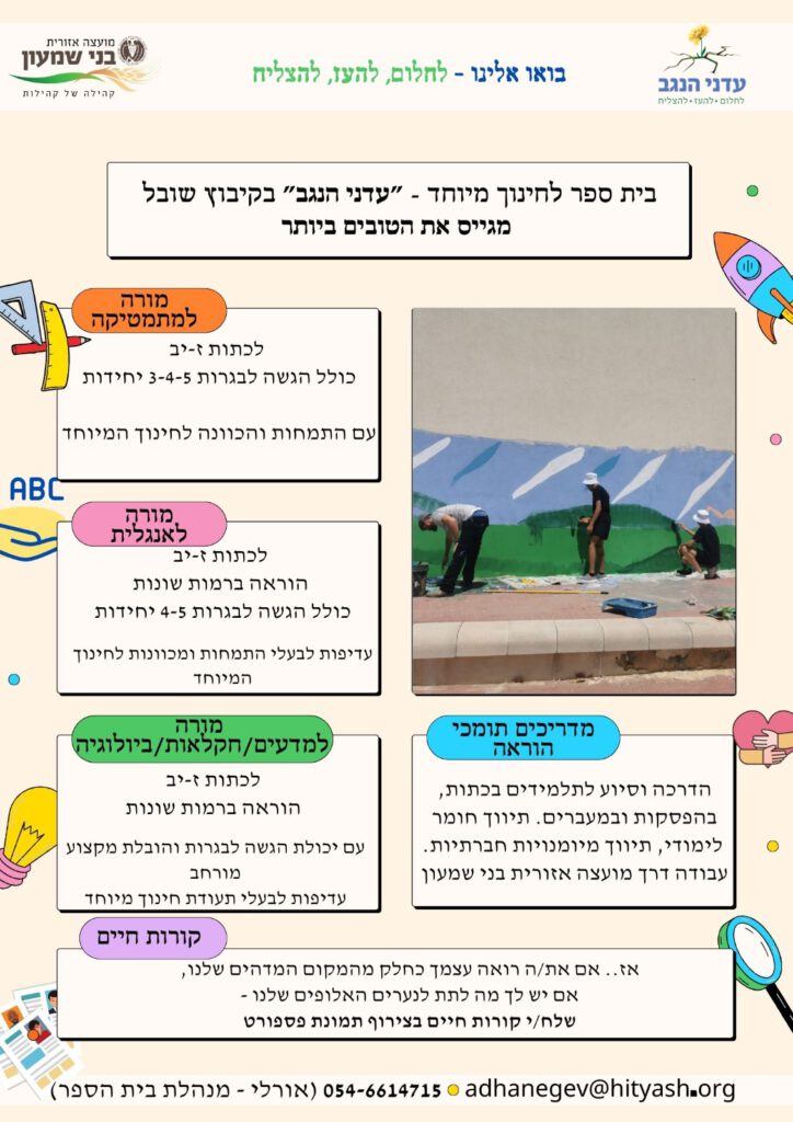 בית ספר לחינוך מיוחד "עדני נגב" בקיבוץ שובל מגייס את הטובים ביותר. מורה למתמטיקה לכיתות ז'-יב כולל הגשה לבגרות עם התמחות והכוונה לחינוך מיוחד. מורה לאנגלית לכיתות ז'-יב הוראה ברמות שונות כולל הגשה לבגרות 4-5 יחידות. מורה למדעים/חקלאות/ביולוגיה לכיתות ז'-יב' הוראה ברמות שונות מדריכים תומכים הוראה. עדיפות לבעלי התמחות ומכוונות לחינוך מיוחד . | לשליחת קורות חיים בצירוף תמונת פספואט למייל: adhanegev@hityash.org, טלפון: 0546614715 (אורלי - מנהלת בית הספר)