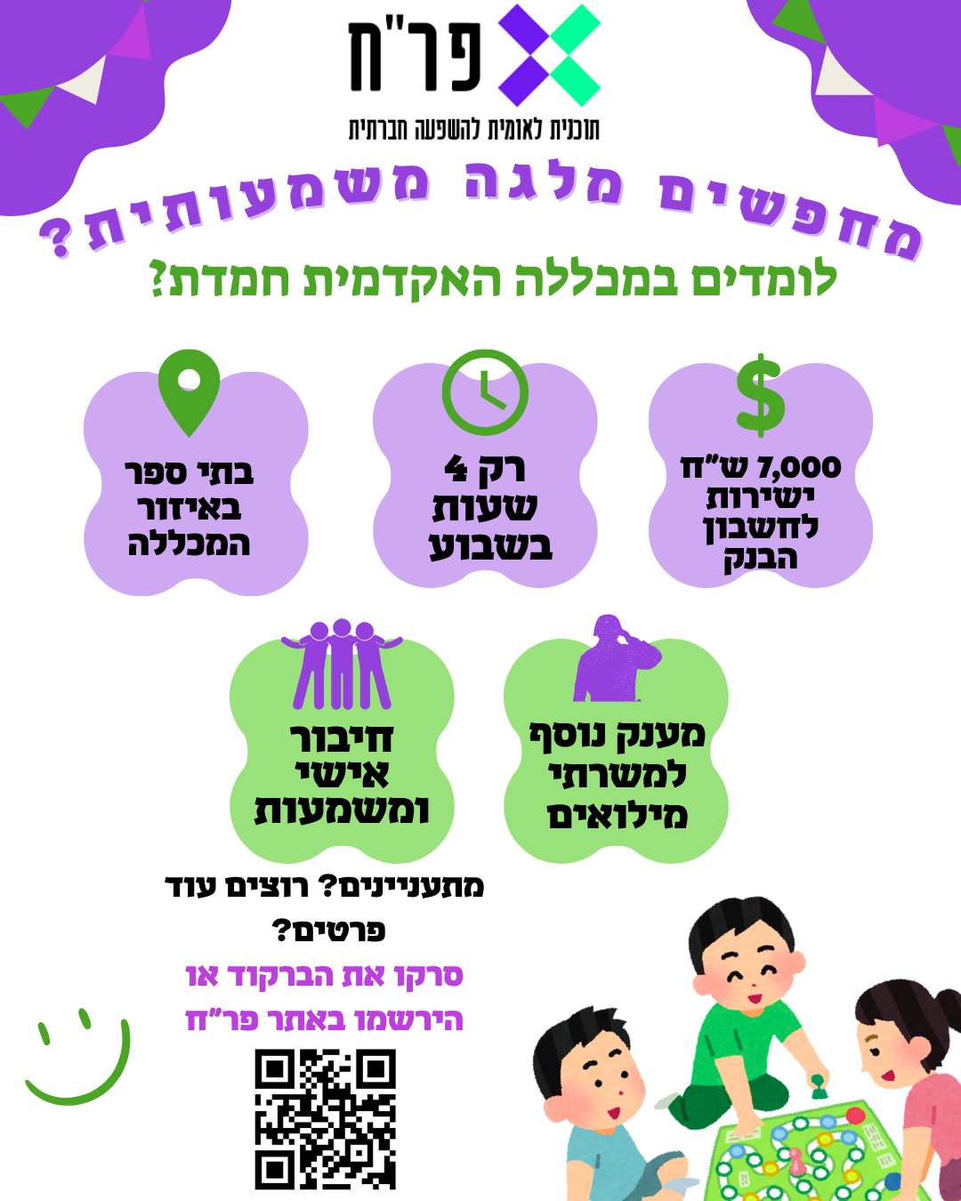 הילדים מחכים לך – זו ההזדמנות שלך לעשות שינוי אמיתי! 

עכשיו, יותר מתמיד, ילדי פר"ח צריכים אותך להיות האוזן הקשבת, הכתף התומכת והחונכ.ת שילווה אותם צעד אחר צעד.

הצטרפ.י לפרויקט החונכות הגדול בישראל- פר"ח ותהווה.י עוגן של יציבות וביטחון עבור חניך אחד, שבאמת זקוק לך.
במקביל, תרוויח.י חוויה משמעותית ומלגה על סך 7,000 ₪ עבור 114 שעות (61.5 לשעה!),
עם אפשרות למלגה מוגדלת של 10,000 ₪ עבור 134 שעות (71.5 לשעה!) 
ובנוסף - מענק מילואים מיוחד בסך 2,600 ₪.

הם צריכים אותך במיוחד בתקופה הזו – וזה הזמן שלך לפעול.
להרשמה ופרטים נוספים >> היכנסו לאתר פר"ח או הירשמו בקישור הבא:
https://docs.google.com/forms/d/e/1FAIpQLSfoHlE_62GVk3GyZ5joYZIxXfmYUZ7rtwx8TIgwjFjTMtGsiQ/viewform
וניצור איתכם קשר בהקדם!